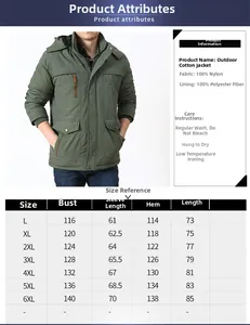 Size chart for men's outdoor jacket showing measurements from L to 6XL with fabric info