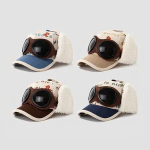 Kids Winter Baseball Cap Aviator Goggles Trapper Hat Corduroy Fleece Earmuffs Windproof Dinosaur Bear Print Hip-hop Warm