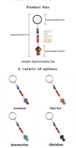Detailed size chart of natural crystal mushroom keychain with multiple gemstone options