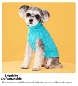 Detail showing cable knit texture on a sky blue high-neck dog sweater for pets
