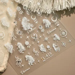 Dreamy white unicorn and dreamcatcher nail stickers with embossed celestial patterns