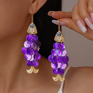 Bohemian Fish Shape Shell Flakes Dangle Earrings Alloy Evil Eye Long Drop Jewelry With Steel Earring Post For Women