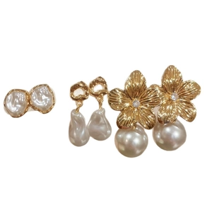 Vintage French pearl earring set with irregular shapes and crystal floral studs
