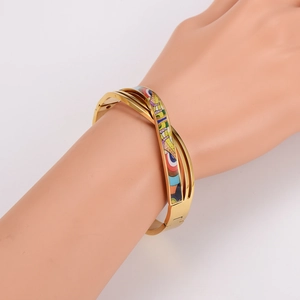 Cross stainless steel bangle with colorful enamel inlay and secure buckle closure on wrist
