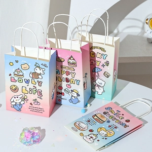 Detailed view of colorful cartoon animal paper gift bags with vibrant gradient designs