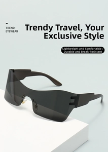 Detail view of grey semi-transparent Y2K rimless sunglasses on a geometric white stand
