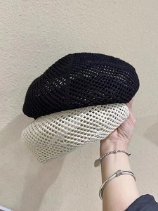 Hollow knit beret hat for women in black and cream beige with breathable mesh design