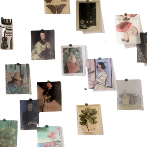Vintage vellum paper stickers set featuring botanical and classic art illustrations