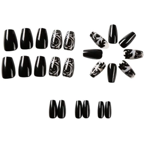 24pcs long coffin press on nails featuring black rose patterns and solid glossy finish