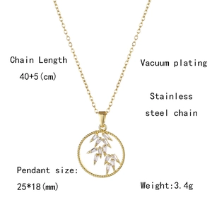 Detailed specs for gold stainless steel bamboo leaf necklace with 40+5 cm chain and pendant