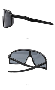 Side and back view of oversized cycling sunglasses with black frames and grey lenses