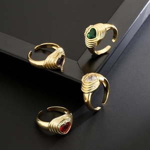18K gold plated adjustable rings with colorful heart shaped zircons and ribbed bands