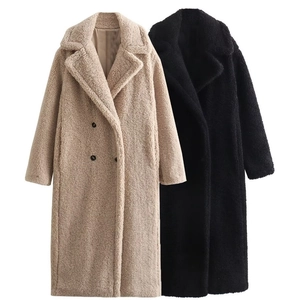 Manteau long en polaire teddy pour femme avec revers à double boutonnage, noir et beige