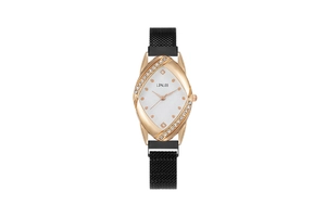 Macro detail of marquise diamond-studded watch case with black Milanese strap