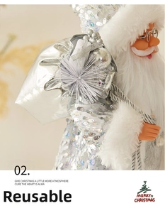 Detail of silver sequined Santa Claus doll with white plush trim and metallic glasses