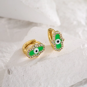 18K gold plated Hamsa Hand earrings with green enamel and sparkling evil eye detail