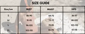 Detailed size guide table for green floral ruffle one-piece swimsuit in cm (S to XL)