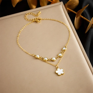 Vintage Stainless Steel Double Layer Anklet With Shell Flower Clover Pendant White Faux Artificial Pearl Gold Plated Foot Jewelry For Women