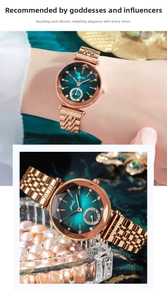 Detail view of women's rose gold watch with green sunray dial and faceted glass crystal