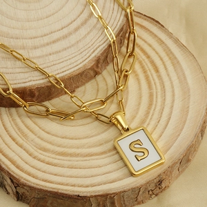18K gold plated stainless steel paperclip necklace with square letter S pendant