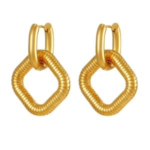 Textured gold square pendant earrings with smooth oval hoops in premium stainless steel