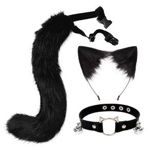 Detail view of plush black cat cosplay set with furry tail, bell collar and cat ear headband