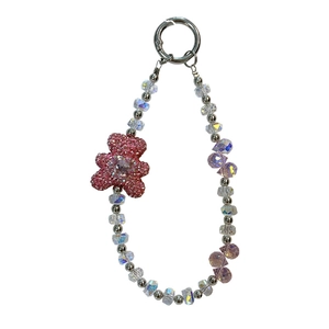 Sparkling beaded phone strap with pink crystal bear and heart charm keychain accessory gift