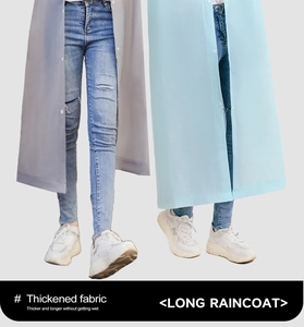 Detail of thickened EVA long raincoat showing the protective length and durable fabric