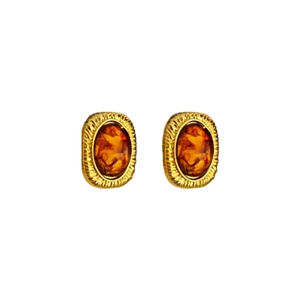 Vintage gold-plated geometric stud earrings with amber resin stones on a clean white background