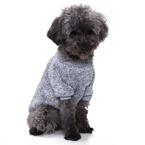 Detail of grey knitted pet sweater showing ribbed neckline on a small dog model