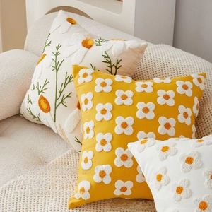 Detail of luxury 3D floral embroidery on daisy throw pillow covers for sofa decor