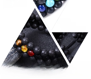 Detail of triple-layer woven bracelet with natural lava stone and multi-color gemstones