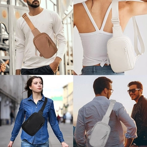 Collage di quattro borse a tracolla versatili in nylon marrone, bianco, nero e grigio