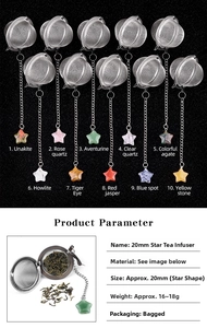 Detail of 304 stainless steel tea infuser ball with various pentagram stone pendants