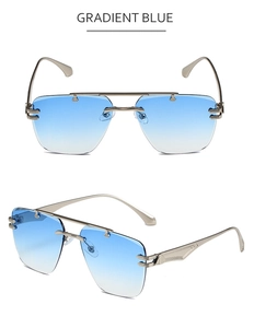 Frameless gradient blue sunglasses with sleek gold metal temples from two angles