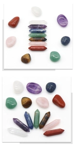 Macro shot of healing crystal set including hexagonal pillars and assorted tumbled stones