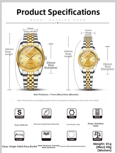 Detailed size specification chart for men and women quartz watches in stainless steel