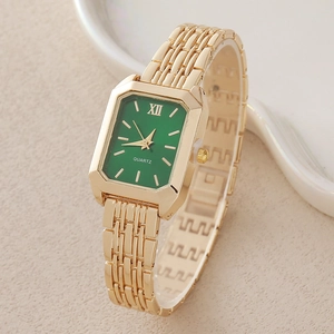 Elegant women's square gold quartz watch with emerald green dial and metallic link strap