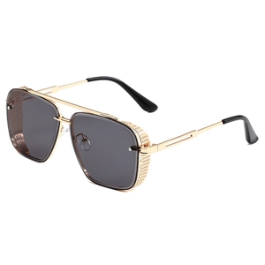 Steampunk gold metal sunglasses with dark grey lenses and hollow side shields