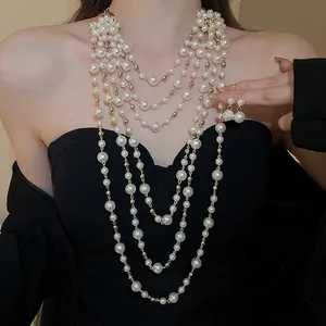 Multi Layer Faux Artificial Pearl Necklace And Earrings Gold Alloy Vintage Elegant French Style Jewelry For Women