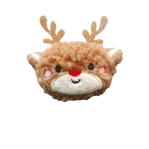 Cute brown plush reindeer brooch with gold sequin antlers and a festive red pompom nose