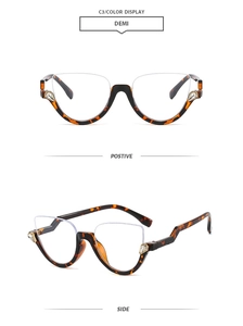 Detailed views of demi tortoise cat-eye semi-rimless frames with teardrop rhinestones