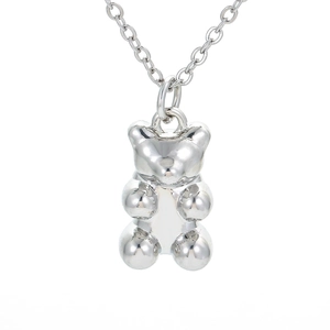 Polished silver metal gummy bear pendant necklace on a delicate chain for women