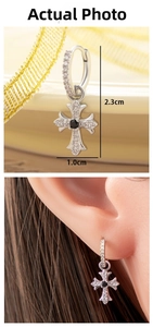Detail showing cross earring size of 2.3cm height and 1.0cm width with zircon stones