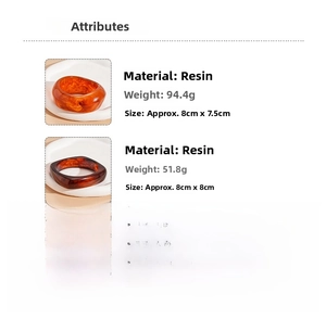 Detail showing resin bangle dimensions and weight specifications with amber texture