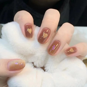 Press On Nails Heart Pattern Sequin Caramel Brown Short Round Fake Nails Glue Type Sweet Cool Style For Women