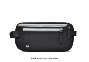 Detailed front view of black RFID-blocking travel waist pack with gray zipper pockets
