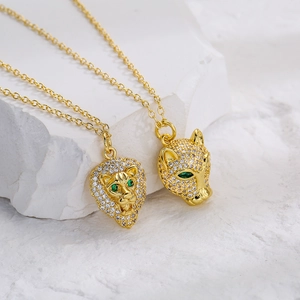 Lion Leopard Head Pendant Necklace Gold Plated Copper Cubic Zirconia Green Eyes Hip Hop INS Style Jewelry