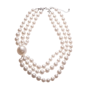 Elegant three-layer faux pearl necklace with silver-tone clasp on white background