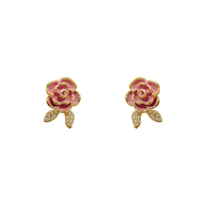 Pink rose stud earrings with micro-set zircon leaves and gold plating for women